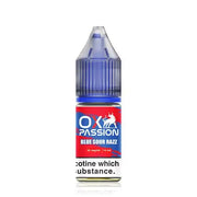 A 10ml bottle of OXVA Ox Passion Nic Salt E-Liquid with Blue Sour Razz flavor. The bottle is child-resistant, with a red and blue label indicating the flavor and nicotine strength.